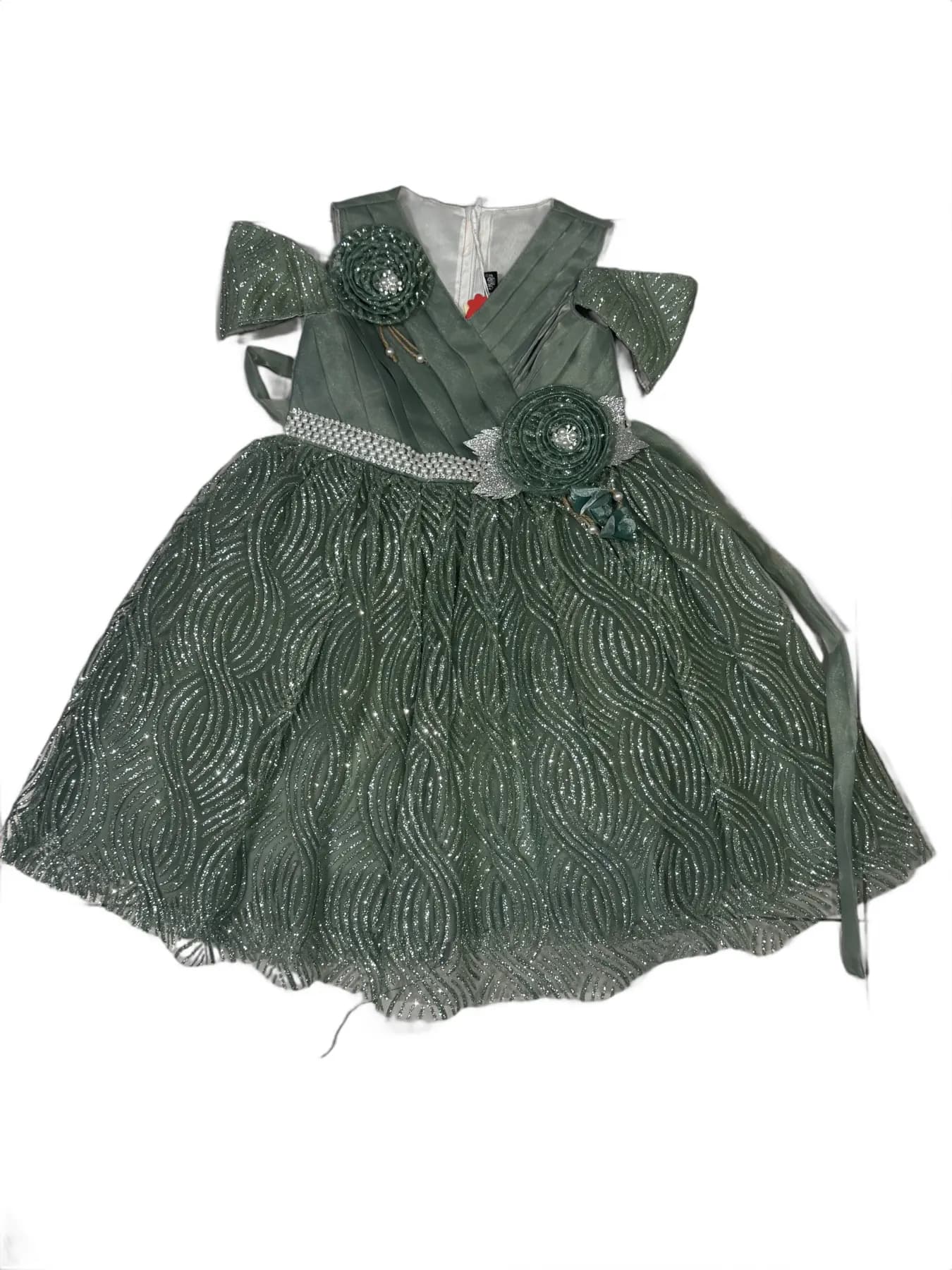 Olive Green Children's Party Dress with Sequined Wavy Skirt and Embellished Bodice