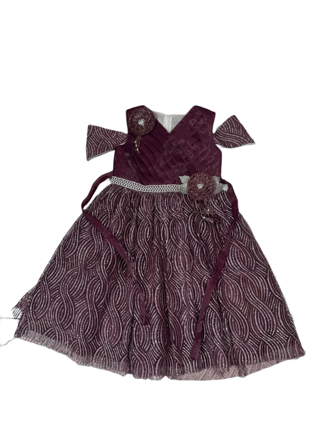 Plum Children's Party Dress with Pleated Bodice, Wavy Silver Pattern Skirt, and Rosette Embellishments