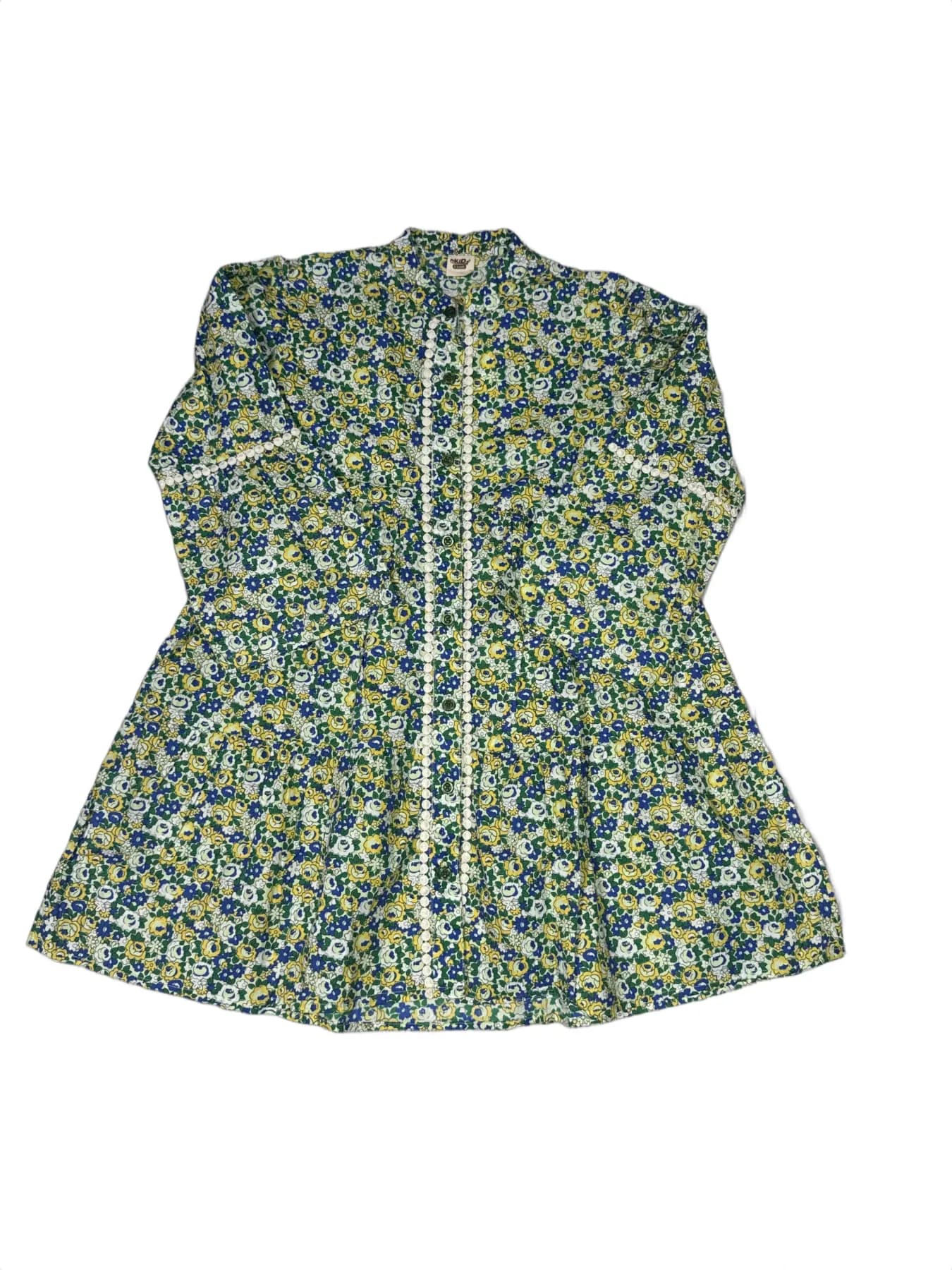Girl's Green Floral Sleeveless Dress with Pearl Trim