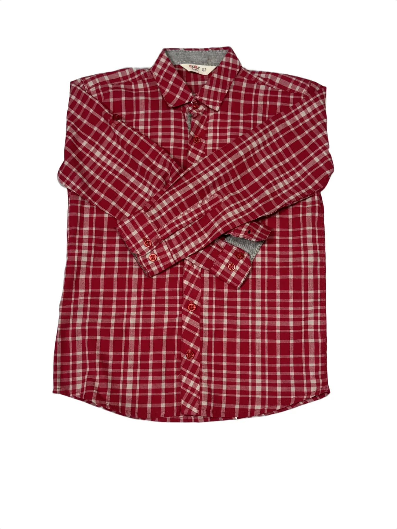 Red and White Plaid Button-down Long Sleeve Kids Shirt