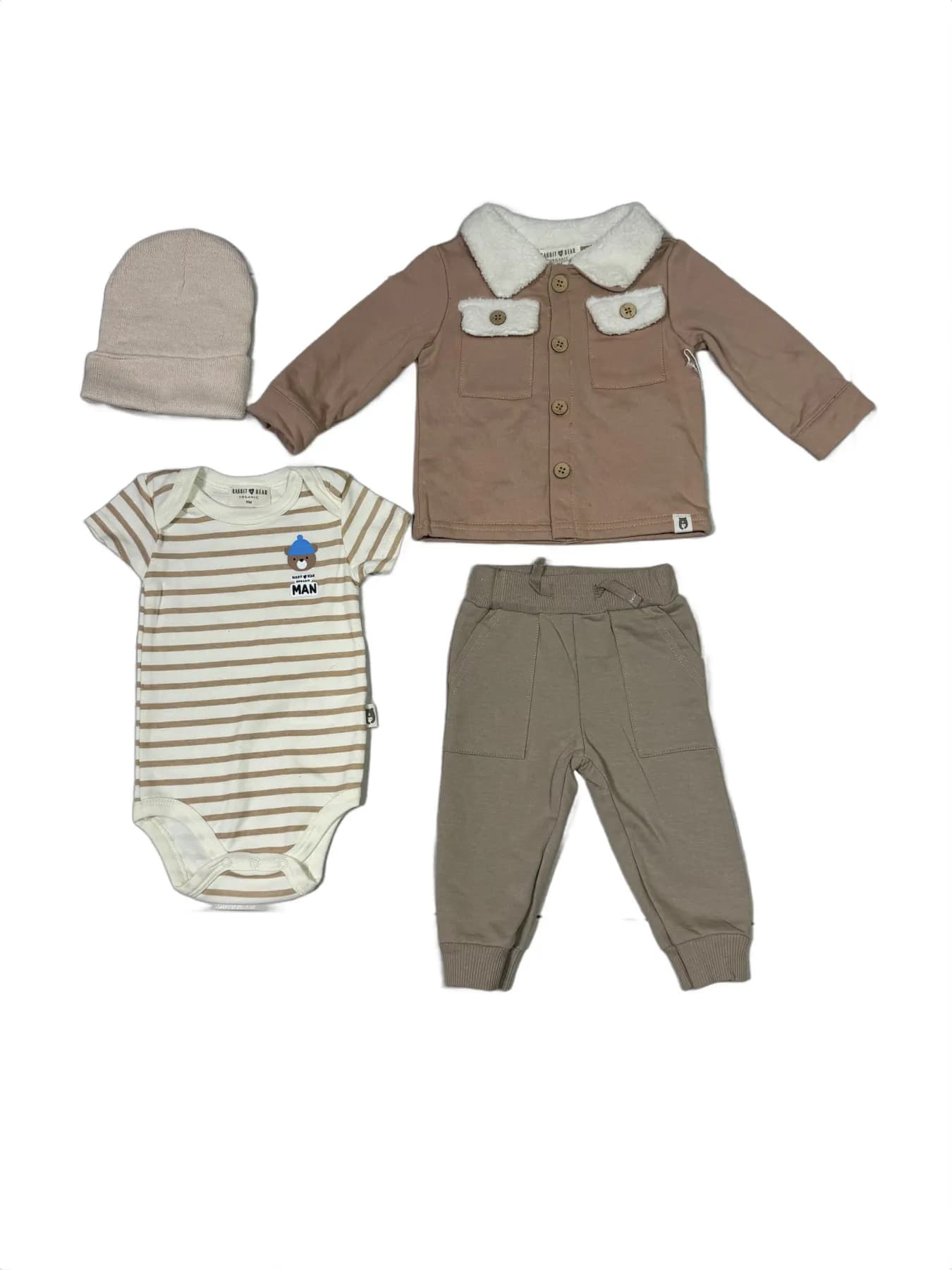 Brown Organic Long‑Sleeve Button‑Up Jacket with Fleece Collar and Pocket Flaps