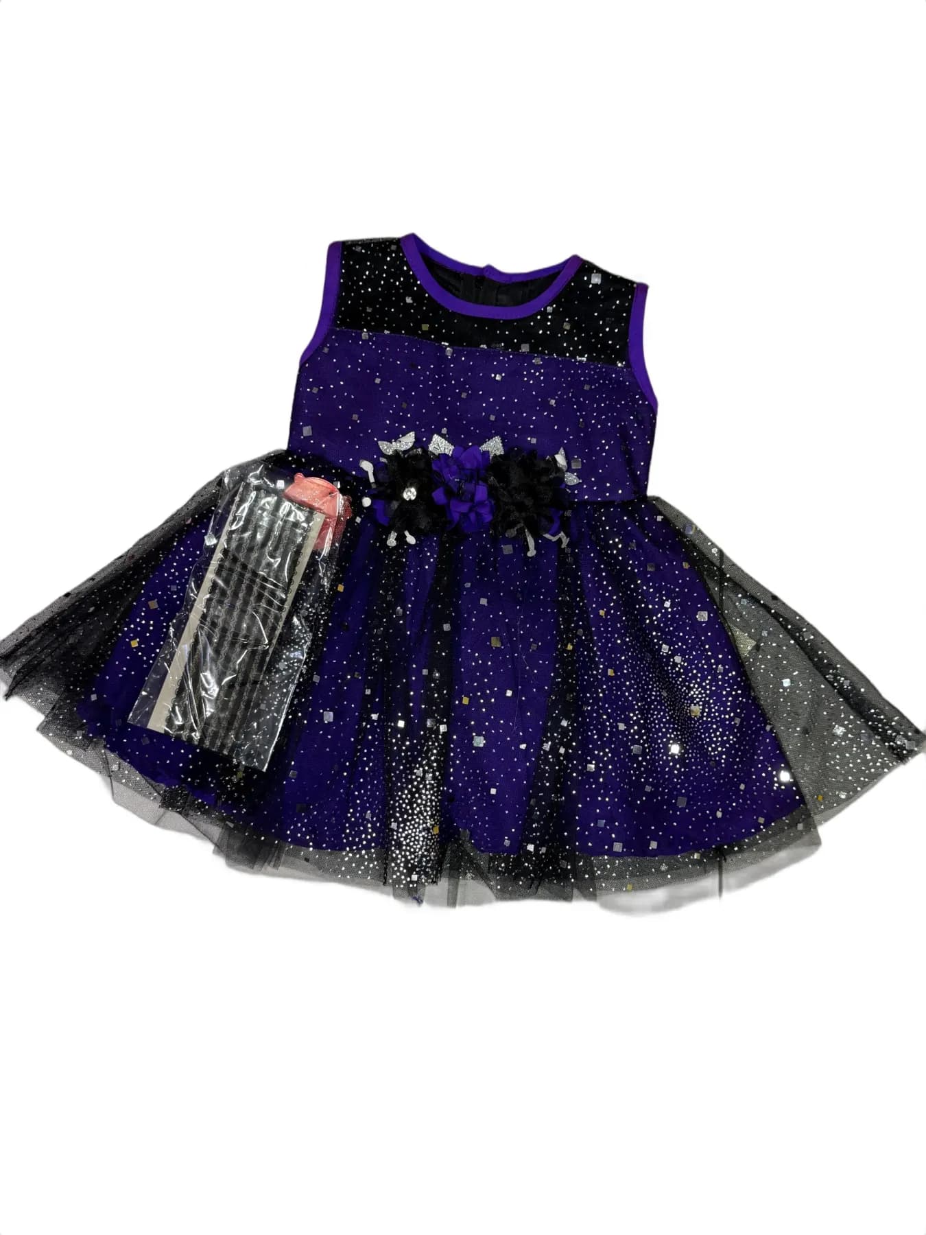 Purple and Black Sequined Sleeveless Tulle Dress with Flower Waist Detail