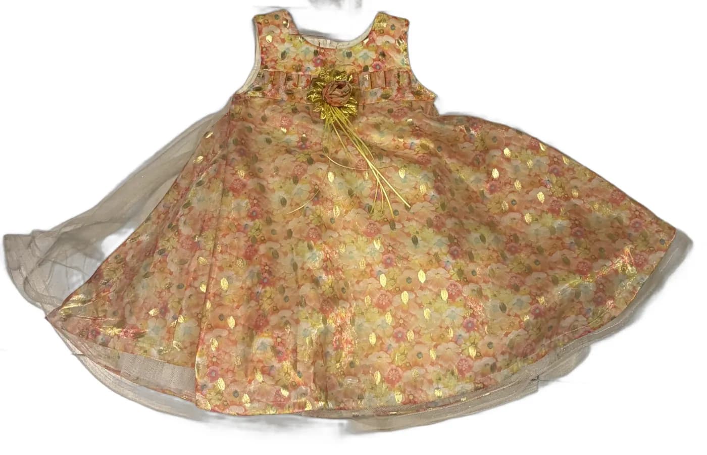 Pastel Floral Print Children's Sleeveless Dress with Gold Accents