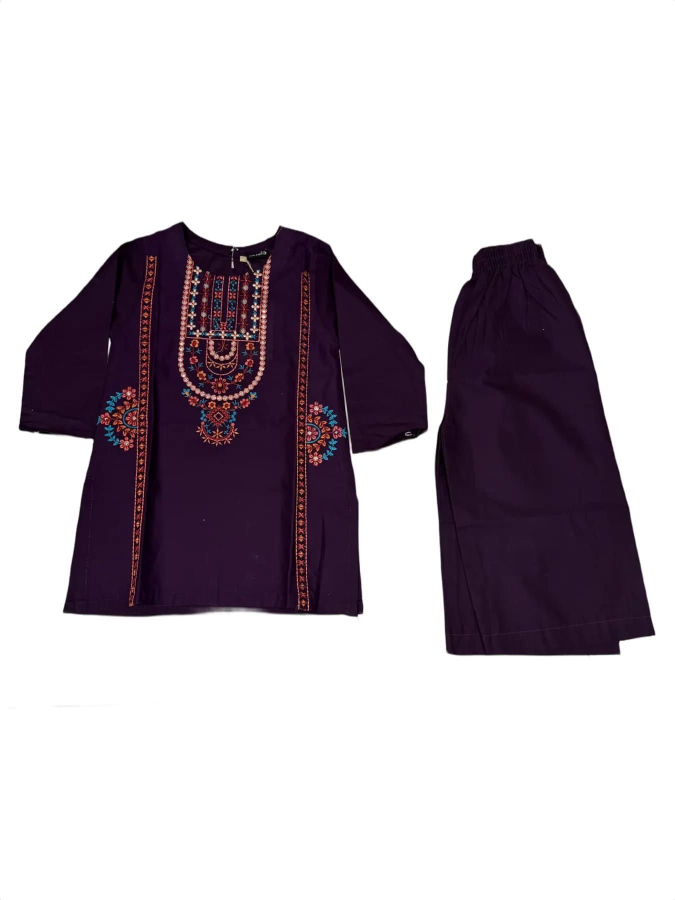 Children's 3/4 Sleeve Deep Purple Embroidered Tunic and Pants Set