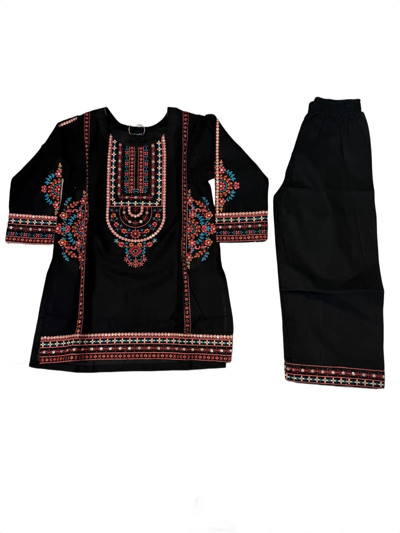 Black Children's Embroidered Kurta and Pants Set with Colorful Mirror and Thread Work