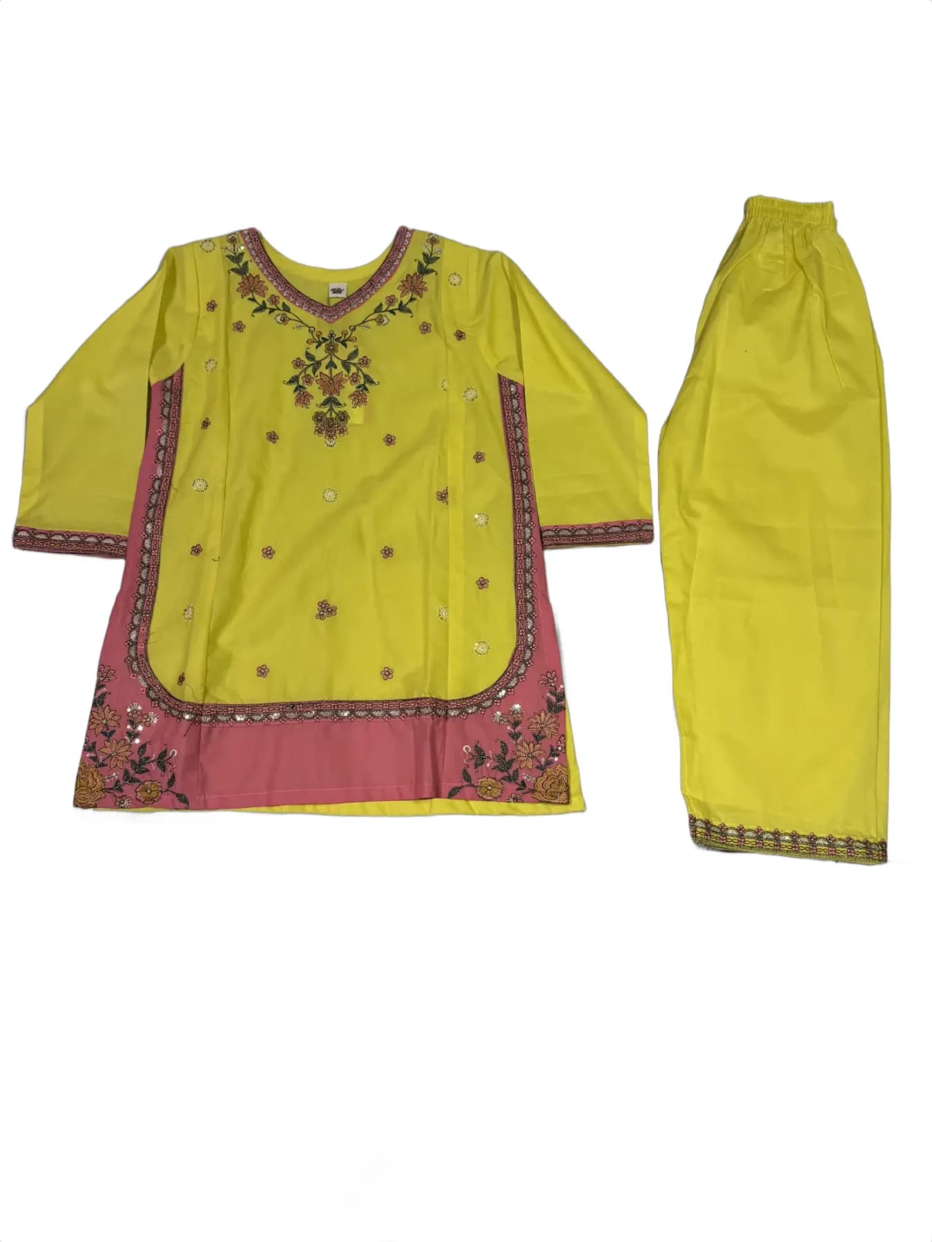 Children's Lime Green Embroidered Kurta Set with Pink Panel and Matching Pants