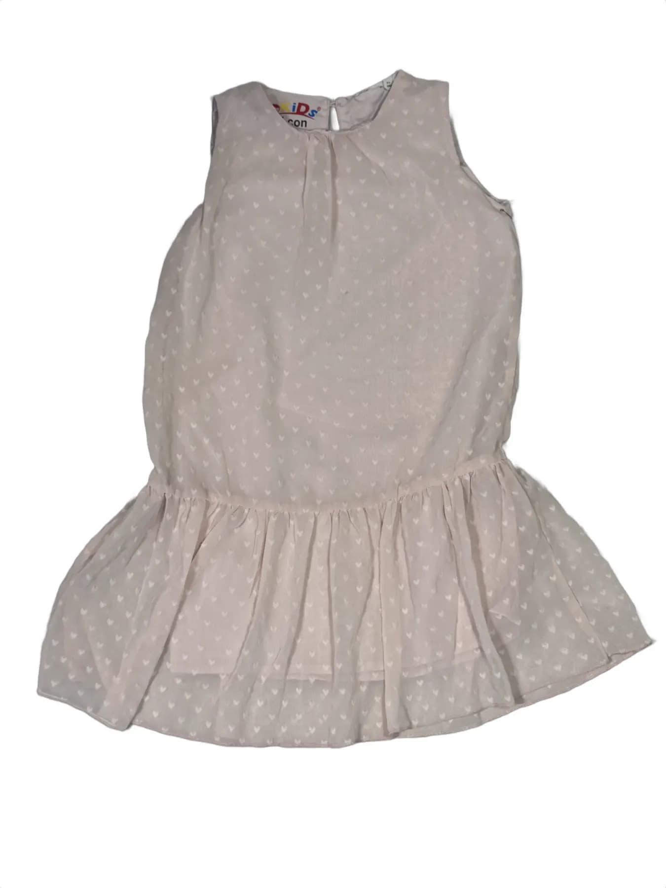 Children's Light Pink Sleeveless Dress with White Heart Print and Ruffled Hem