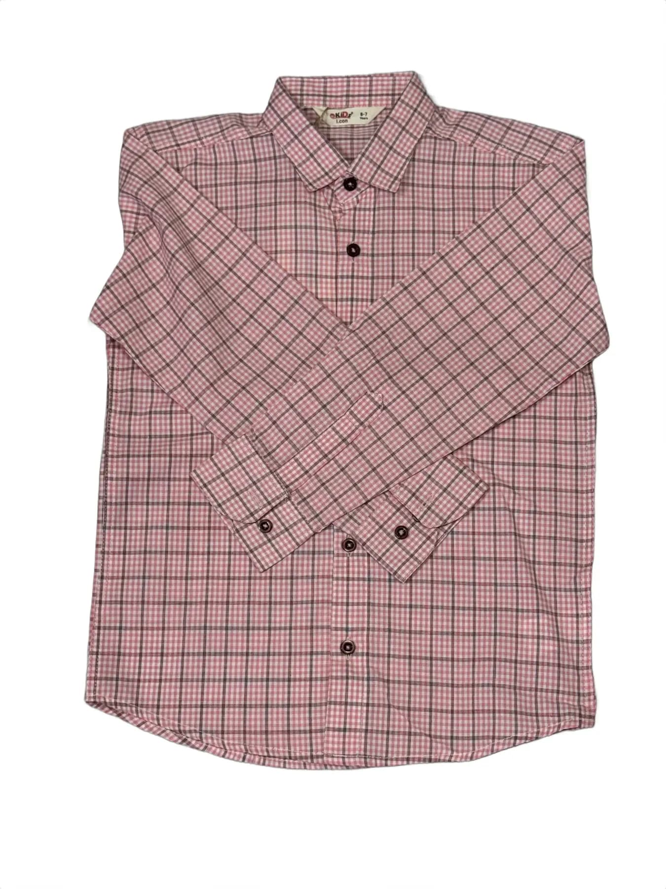 Children's long‑sleeve button‑up shirt with pink and dark grid plaid pattern