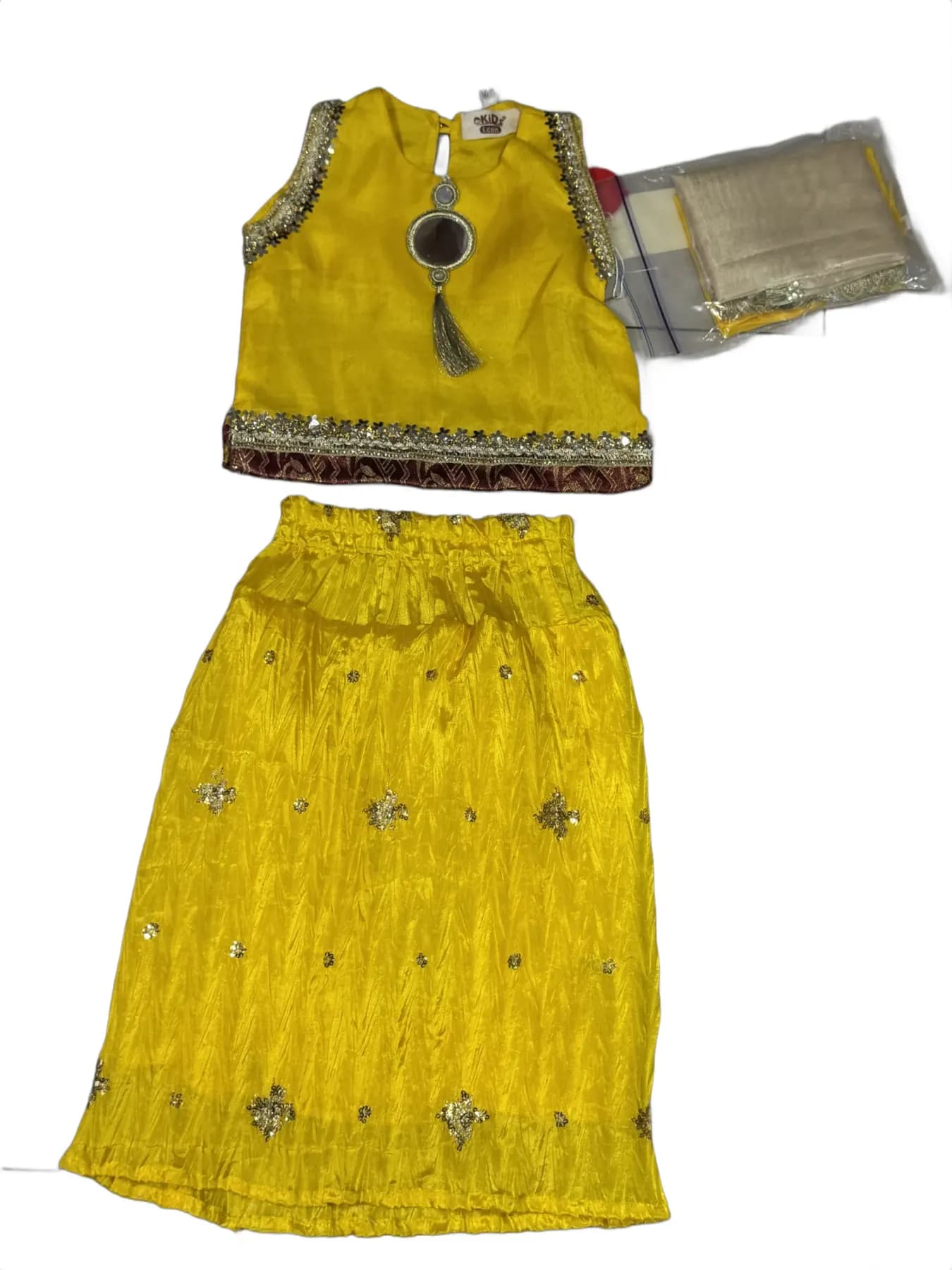 Yellow Kids Two-Piece Set – Pleated Skirt with Sequin Embroidery and Embroidered Sleeveless Top with Mirror Tassel