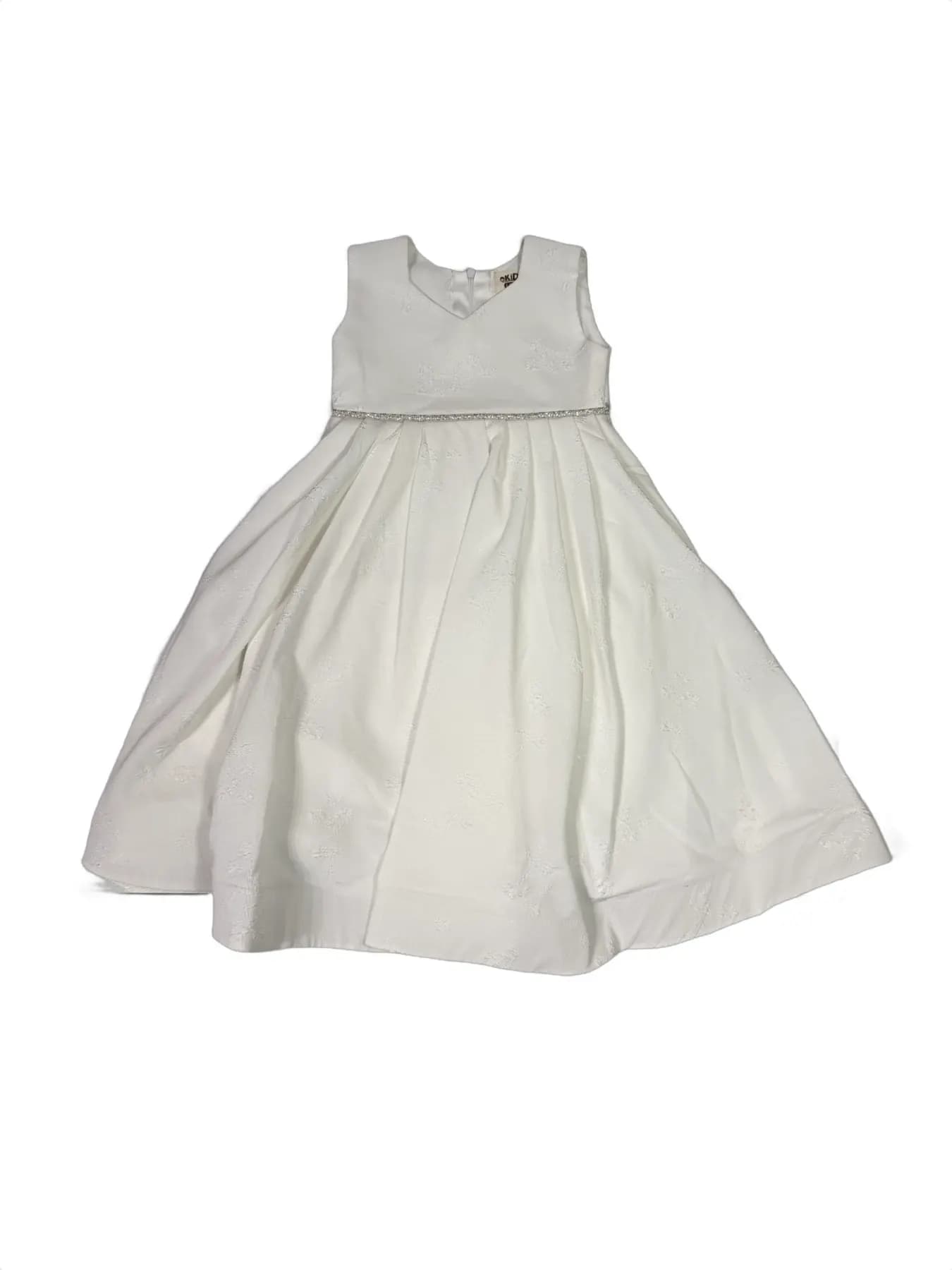White Sleeveless Children's Formal Dress with Pleated Skirt and Beaded Waistband