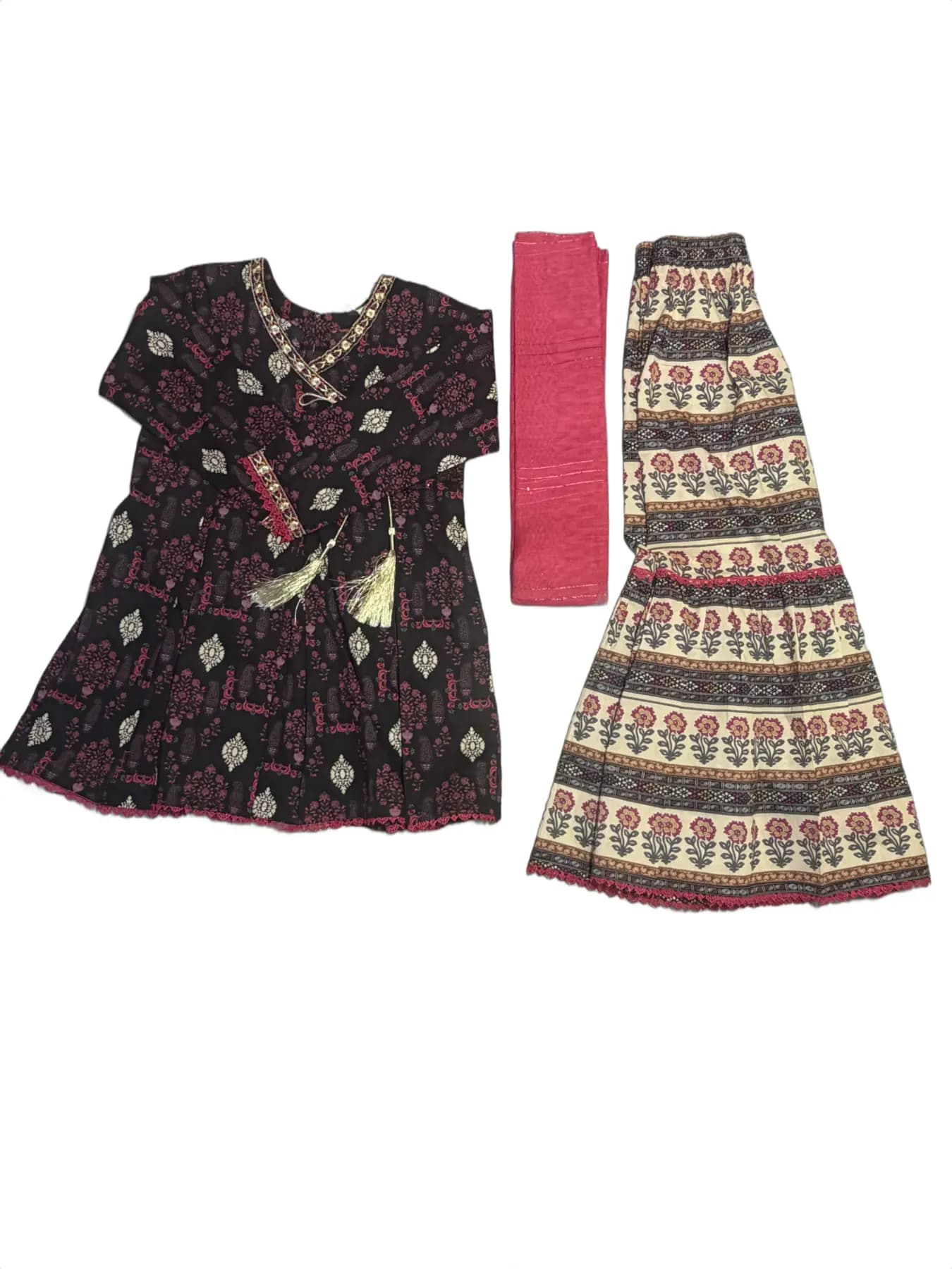 Children's Black Embroidered Kurta and Floral Striped Flared Pants Set with Pink Accent