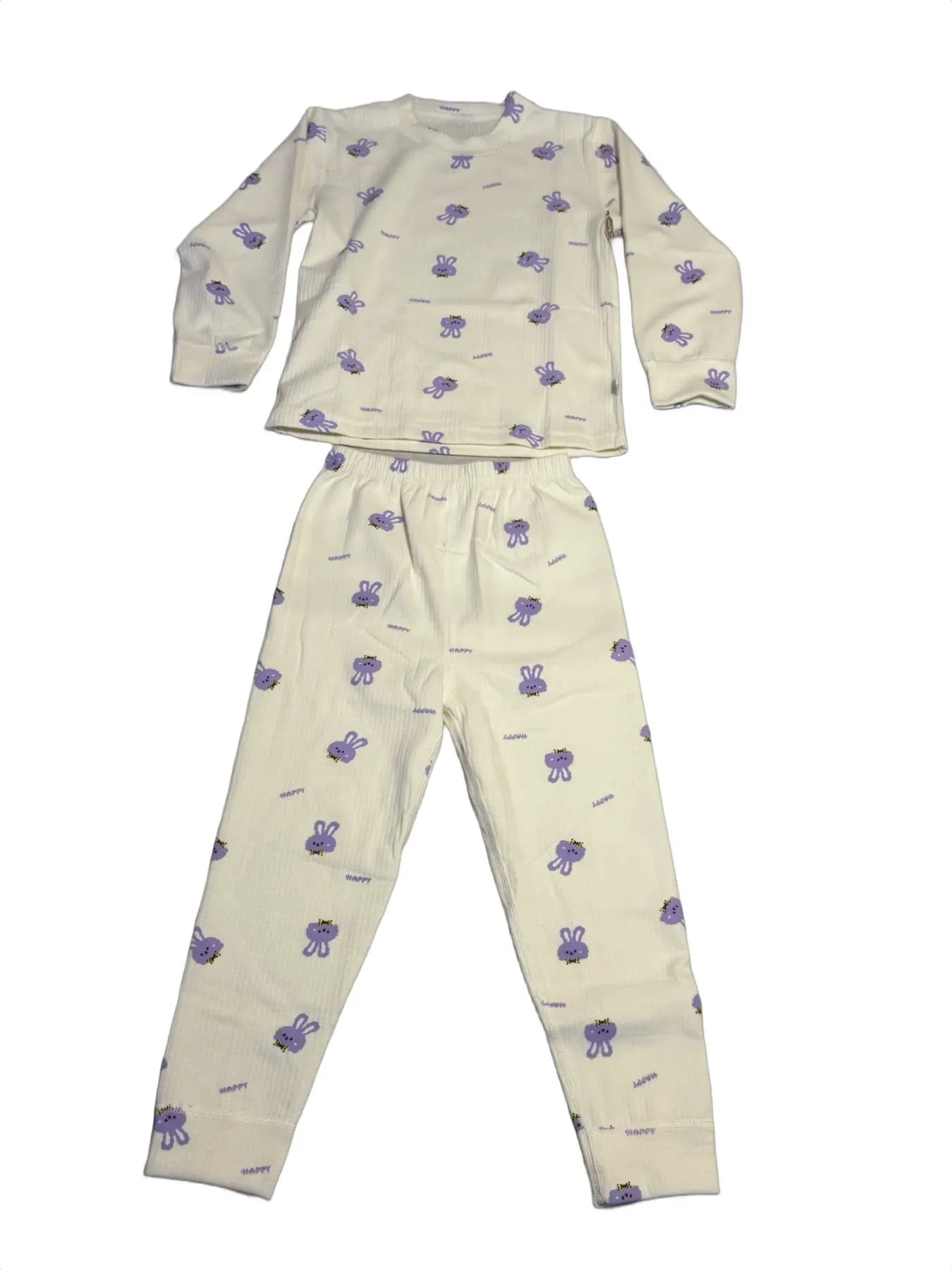 White Children's Two-Piece Ribbed Set with Purple Bunny Print