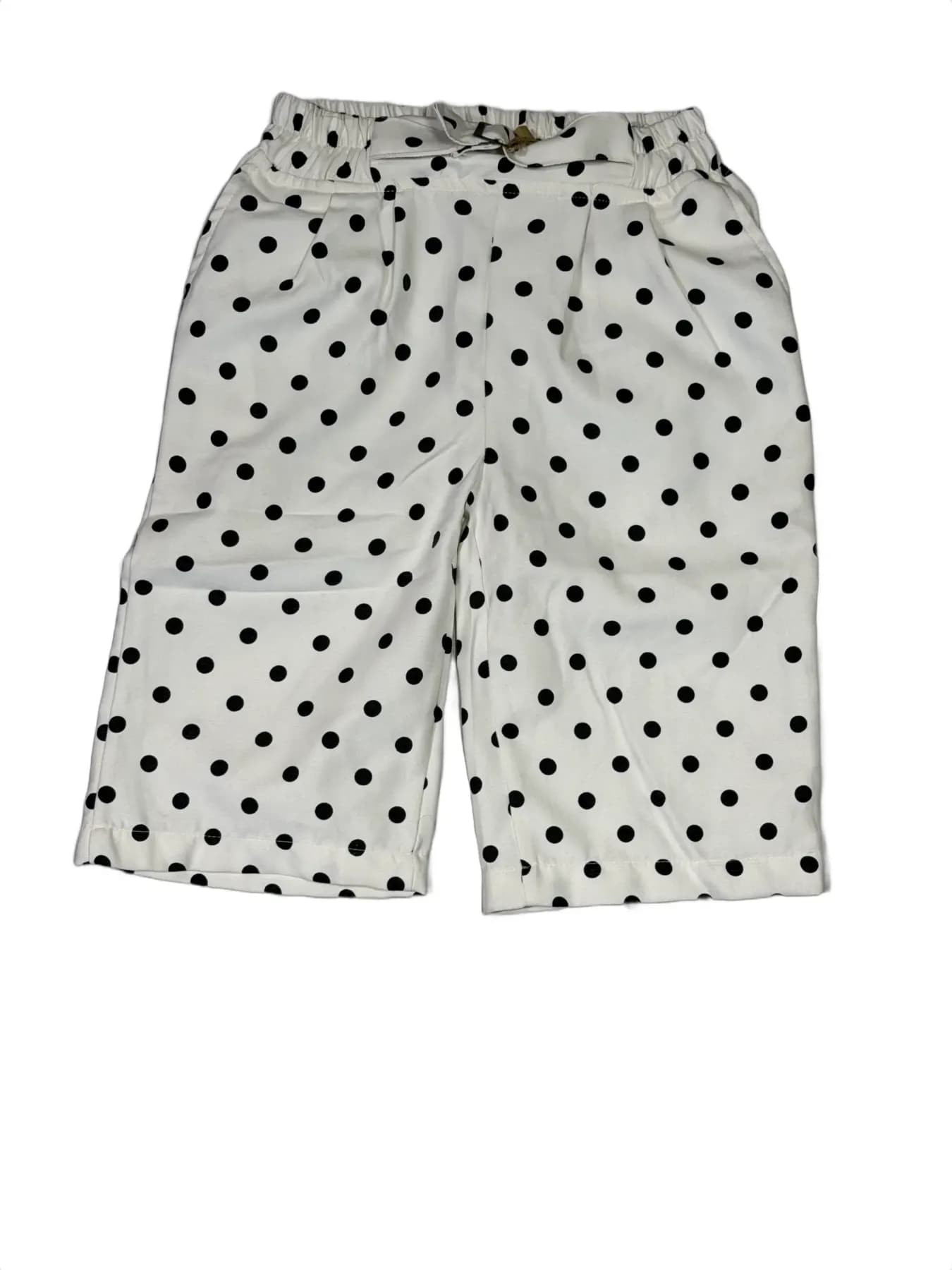 White Kids Capri Shorts with Black and Silver Polka Dot Pattern and Elastic Waist