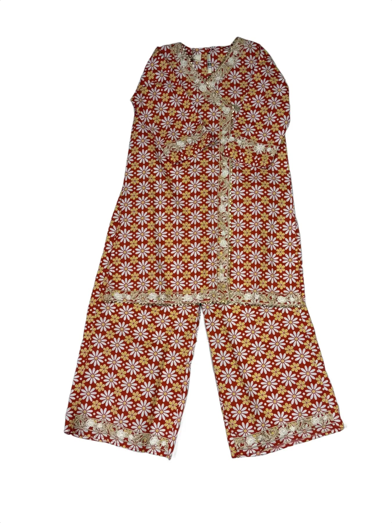 Red Floral Print Children's Kurta and Pant Set with Embroidered Hem