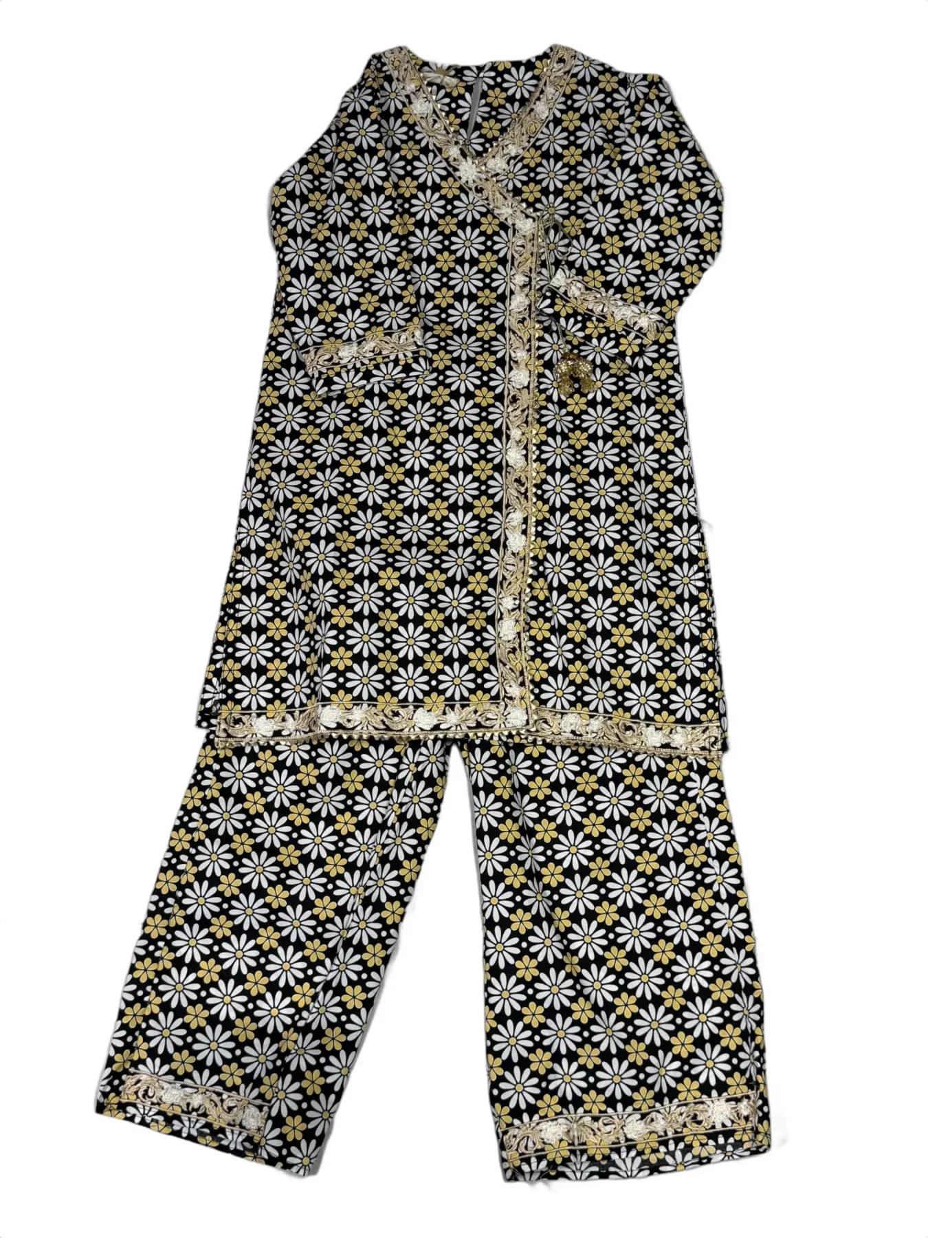 Children's Black Floral Print Kurta with Gold Embroidered Trim and Matching Pants