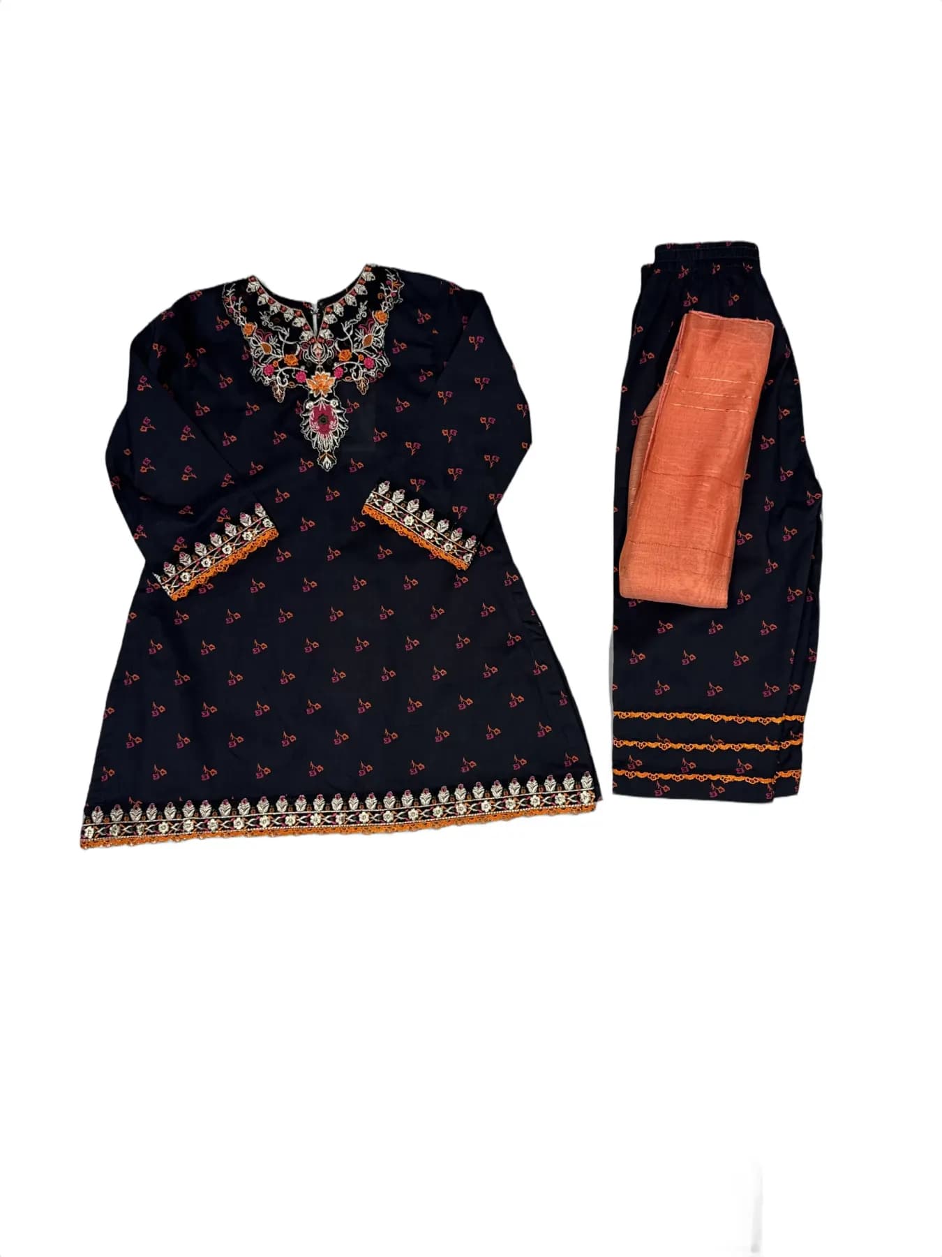 Black Children's Kurti Set with Embroidered Neckline, Cuffs, and Matching Pants