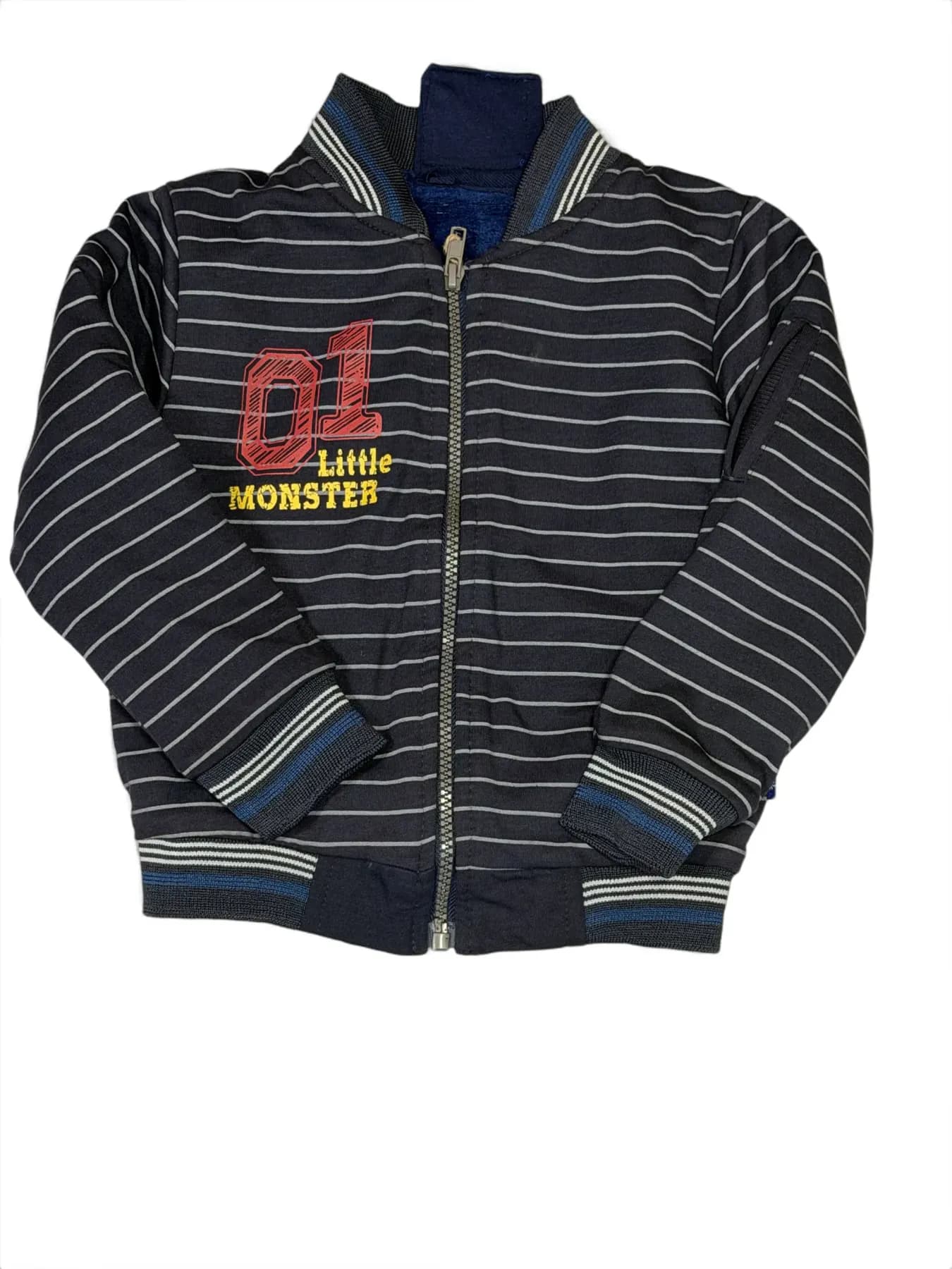 Children's navy striped zip-up jacket with red '01' and Little Monster graphic
