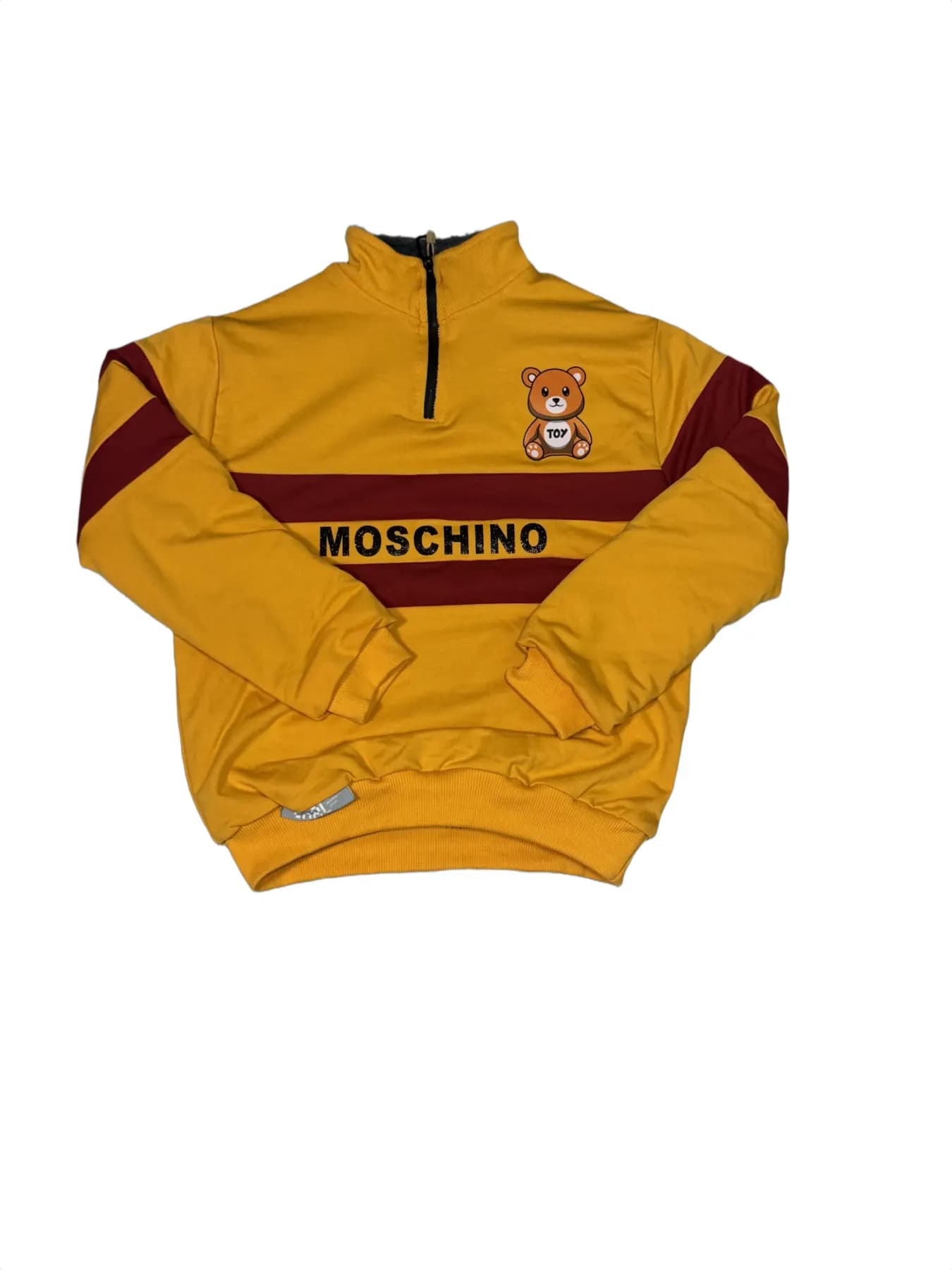 Moschino Kids Icon Yellow Pullover Sweatshirt with Maroon Stripes