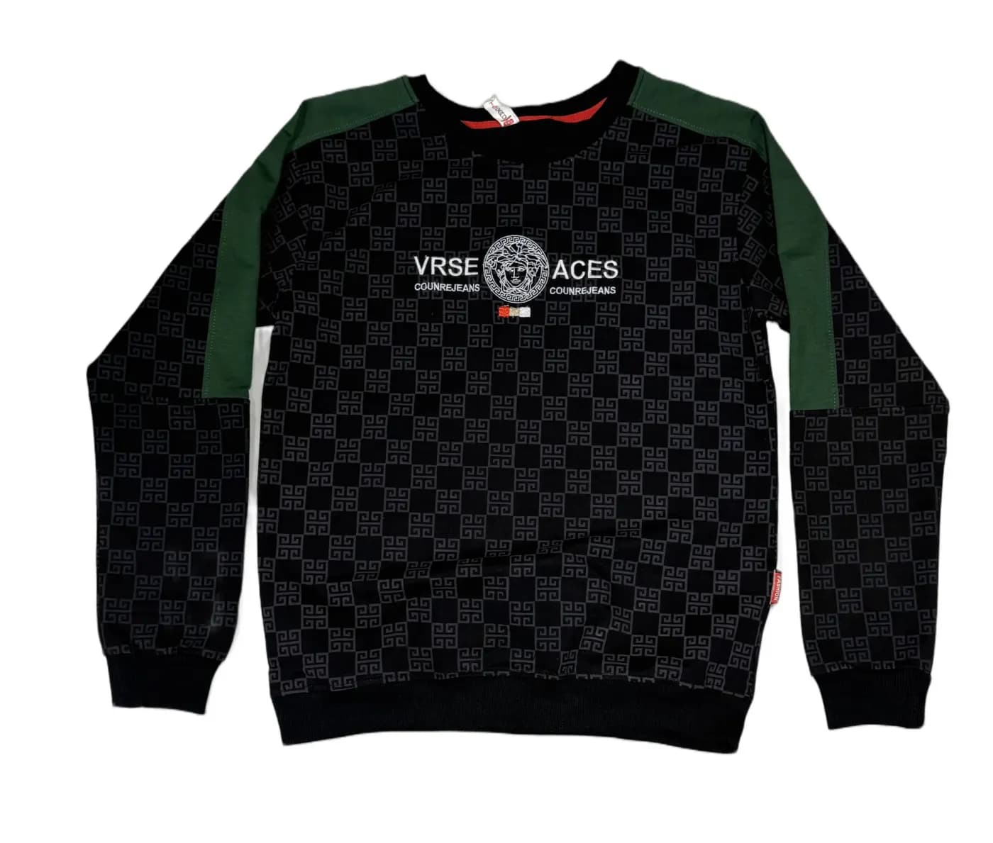 Black Kids' Long‑Sleeve Sweatshirt with Greek Key Pattern, Green Shoulder Panels and Medusa Logo