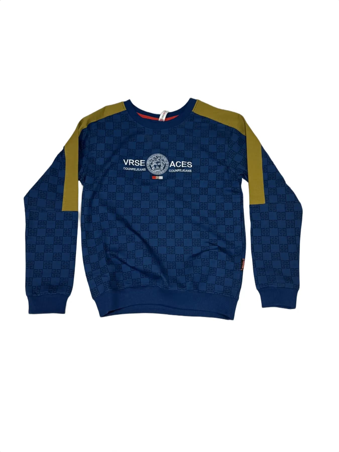 Blue Kids Long-Sleeve Shirt with Greek Key Pattern, Yellow Raglan Shoulders and Medusa Logo